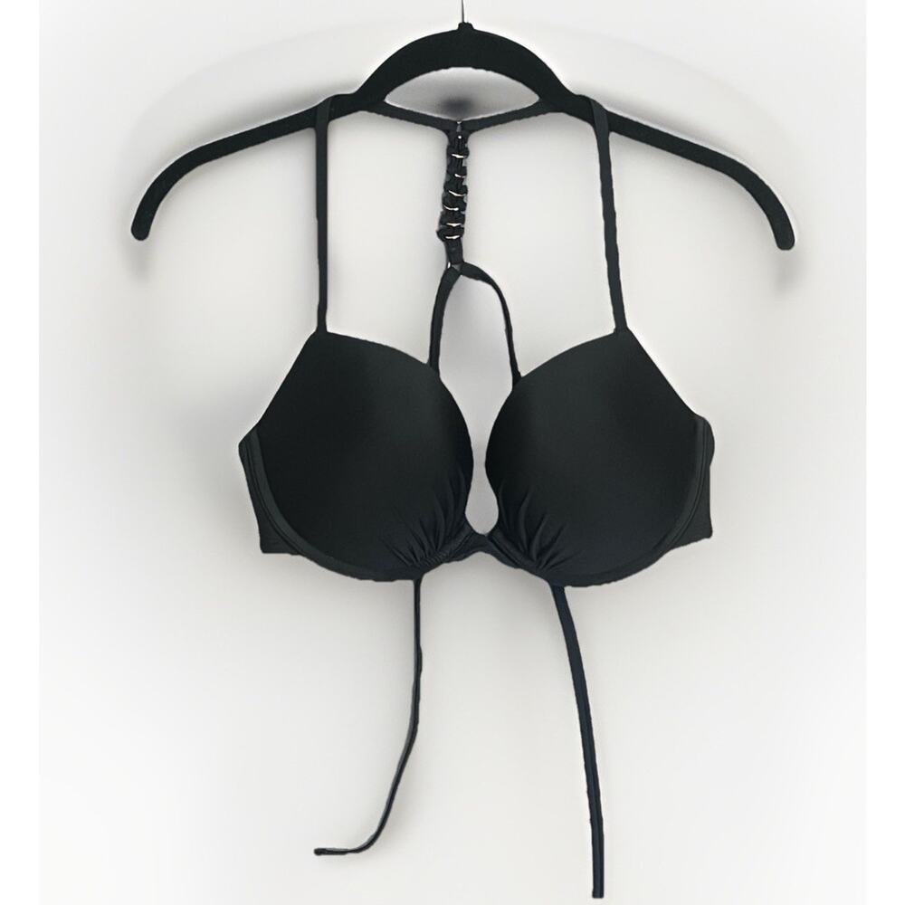 Aerie Halter Push Up Bikini Top Sz 36C Black Underwire Padded Cups Gold Ring